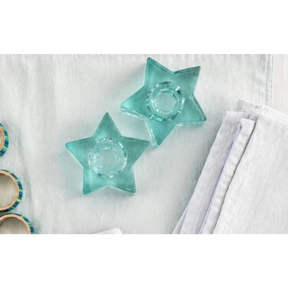 Crate & Barrel Aqua Glass Star Candle Holders Set of 2
